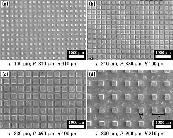Fig. 1 SEM images of some of the PIM copper surfaces. A length (L) and period (P) of the micropattern are shown in (d) (From Paper: ‘Mass production of superhydrophilic micropatterned copper surfaces using powder injection molding process’ by H Cho, et al., Powder Technology July 2022, 9 pages)