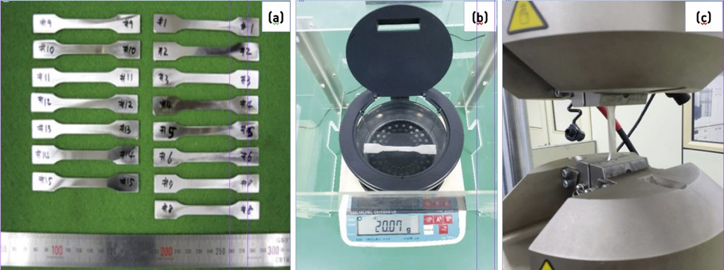 Fig. 1 Process of measuring mechanical properties: (a) specimens produced by MIM process, (b) electronic densimeter (md-200 s), (c) servohydraulic fatigue testing system (Instron 880) (From paper: ‘Characterization of Mechanical properties and grain size of stainless steel 316L via metal injection molding’ by In-Seok Hwang et al, Materials, March 7, 2023, Vol 16, 2144, 12 pp)