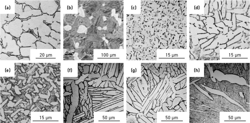 Fig. 3 Micrographs of wrought (a, b), HSPT treated (c-e) and vacuum sintered (f-h) Ti-6Al-4V. a) fully equiaxed; b) bi-modal; c+f) as-sintered; d+g) heat-treated and quenched; e+h) heat-treated and furnace-cooled [1]