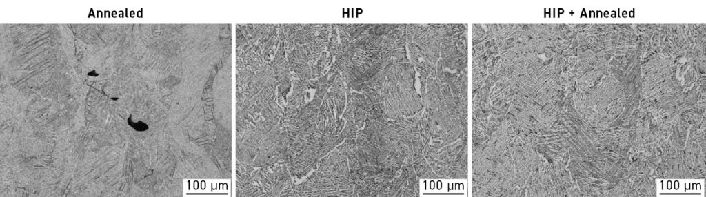 Fig. 4 Microstructure of PBF-LB processed HDH Ti-6Al-4V after annealing (left), HIP (middle) and annealing + HIP (right) [2]