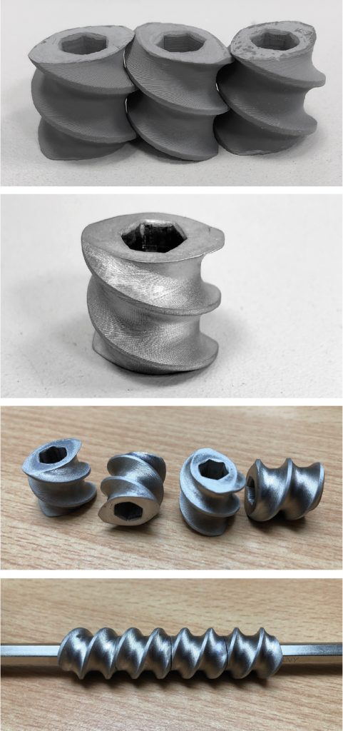Fig. 4 A granulator screw in 316L. Green parts are shown at the top, with as-sintered parts below. The bottom two images show as-sintered and assembled parts (Courtesy Sascha Lenze)