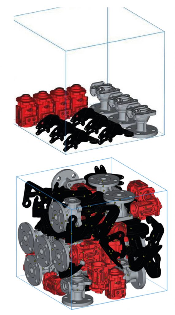 Fig. 8 Two different arrangements for the layout of three different parts. The image on the top shows a single layer stacking of three different parts in a build box, whereas the picture on the bottom shows the optimised packing of the same three parts for the complete build box (Courtesy Desktop Metal)
