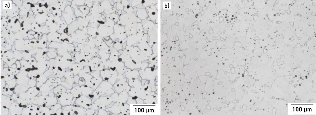 Fig. 8 After sintering: (a) Light microscope image of an etched sample (sinter run 5a; 1270°C; 100% N2) and (b) after HIP, sinter run 5b; 1270°C; 100% N2) [2]