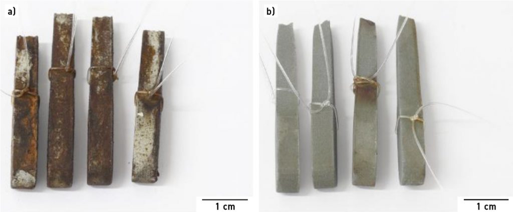 Fig. 9 Ni-free stainless steel samples after 72 h salt spray test; a) samples as-sintered (sinter run 5), b) samples after HIP processing (sinter run 5 + HIP) [2]