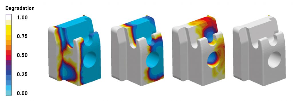 Fig. 10 Inhomogeneous binder degradation during thermal debinding of a 316L - MIM part. The part is located in the centre of the rack and is directly irradiated by the heat source to the left of the sintered part. Local resolution in the calculation mesh is about 1 mm. The value 0 means “no decomposition”, the value 1 means “complete decomposition” of the binder (Courtesy MAGMA GmbH)