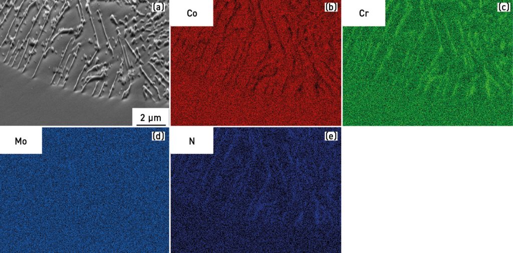 Fig. 10 Surface region analysis of sintered Co-Cr-Mo alloys, based on hydrogen to nitrogen ratio at 14:14 m3/h flow rate at 1315°C: (a) secondary electron image (SEI), (b) EDS elemental mapping of Co, (c) EDS elemental mapping of Cr, (d) EDS elemental mapping of Mo and (e) EDS elemental mapping of N  