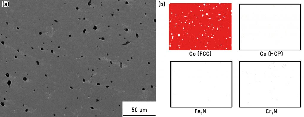 Fig. 12 Core region analysis of sintered Co-Cr-Mo alloys, based on hydrogen to nitrogen ratio at 14:14 m3/h flow rate at 1315°C: (a) secondary electron image (SEI), and (b) EBSD phase mapping comparison
