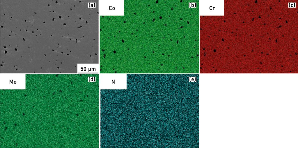 Fig. 13 Core region analysis of sintered Co-Cr-Mo alloys, based on hydrogen to nitrogen ratio at 14:14 m3/h flow rate at 1315°C: (a) SEM image, (b) EDS Co elemental mapping, (c) EDS Cr elemental mapping, (d) EDS Mo elemental mapping and (e) EDS N elemental mapping