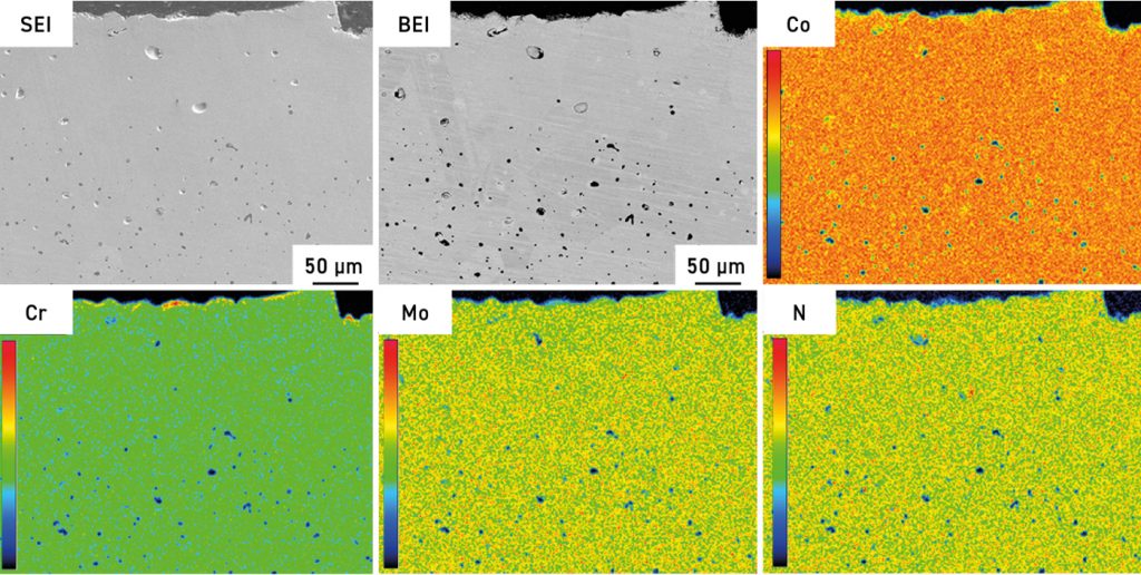 Fig. 18 Surface region EMPA mapping analysis of sintered Co-Cr-Mo alloys , based on hydrogen to nitrogen ratio at 25:3  m3/h flow rate at 1315°C.