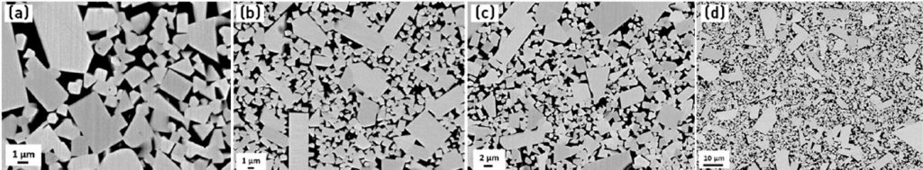 Fig. 2 Representative microstructure images at different magnifications: a) x 5000, b) x 3000, c) x 2000, and d) x 1000 [5]