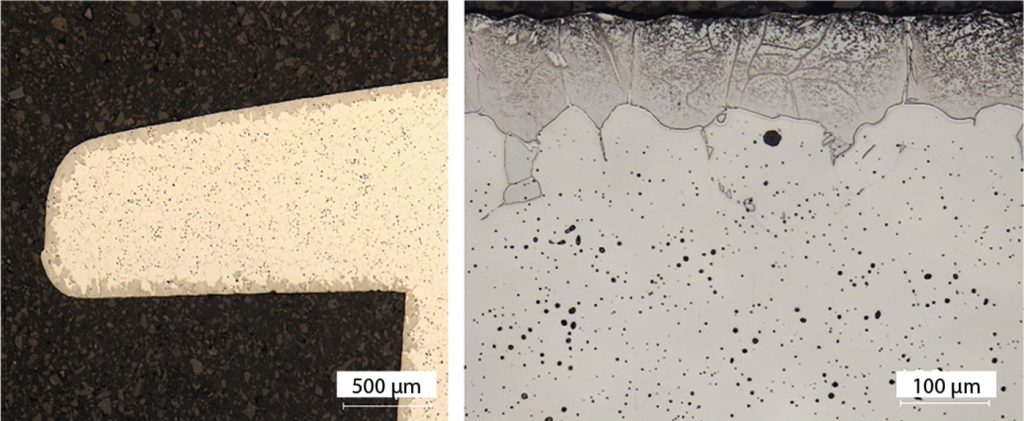 Fig. 5 Cross section of a PANACEA sintered part (optical microscope) with nitride presence on the surface (darker layer)