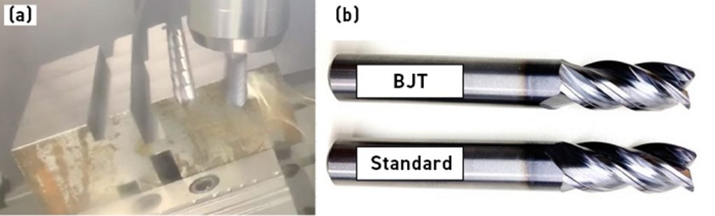 Fig. 7 BJT WC-10Co Kennametal Harvi1 TETM endmill 5-axis cutting 4140 steel (30 HRc). (a) Initial full slot 2D endmill, (b) Standard tool Harvi1 TETM tool geometry [7]