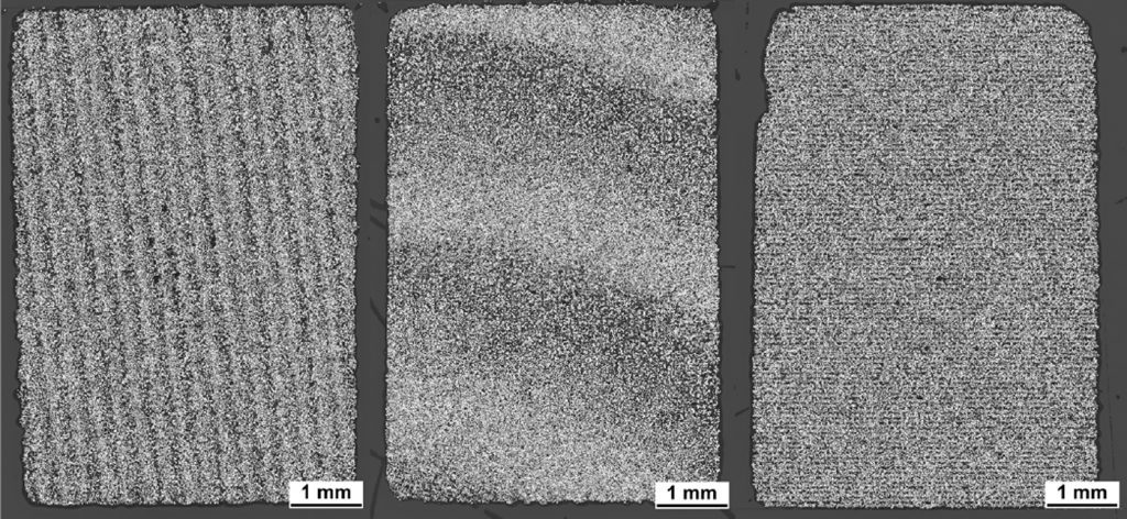 Fig. 8 Microstructures of the green components made of FSLA with its textures, X-direction (left), Y-direction (middle) and Z-direction (right)