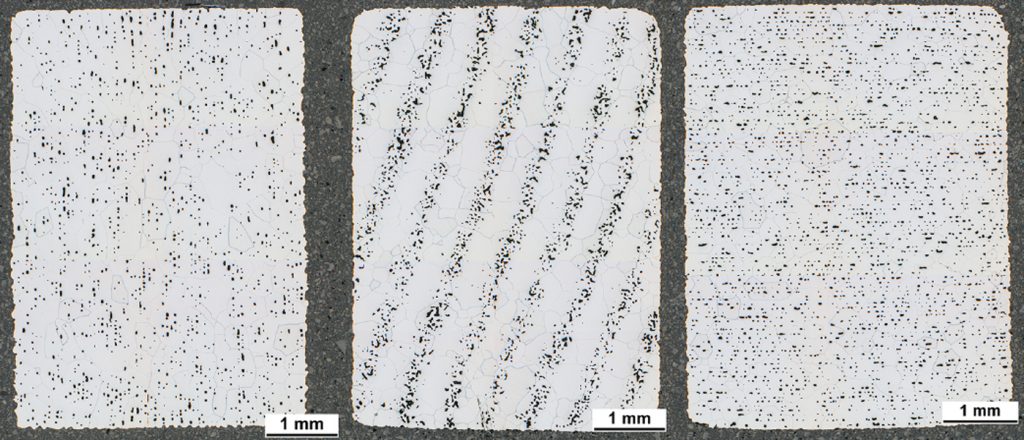 Fig. 9 Nital-etched microstructures of the sintered components made of FSLA (ΔT/Δt=2.5 K/min) with its textures, X-direction (left), Y-direction (middle) and Z-direction (right)