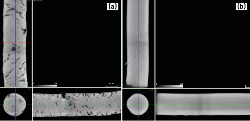 Fig. 10 Microtomographies of WC-Co based filaments with different binder a) with internal defects and, b) without defects [10]