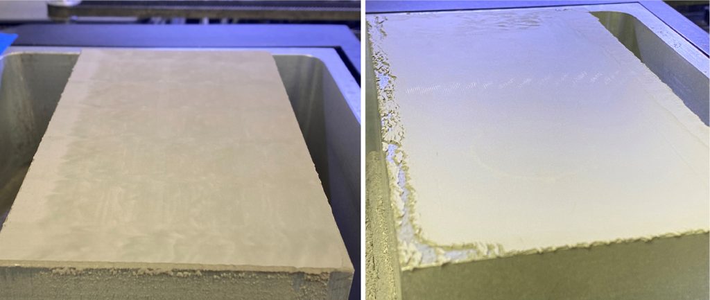 Fig. 11 The standard powder resulted in a smooth bed, but dusty edges and surface (left), while the Tundra a higher packed bed (right). The rough edges on the Tundra powder were caused by shear stresses on the lips of the build box outside the build zone (Courtesy ExOne)