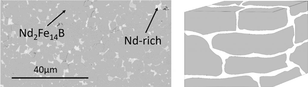Fig. 12 Left; The typical microstructure of the NdFeB magnets, right; A schematic of the same structure (Courtesy Pforzheim University)
