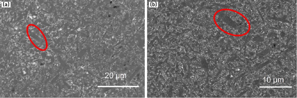 Fig. 15 Micrographs of a) sample obtained by robocasting, b) sample processed by uniaxial pressing [13]