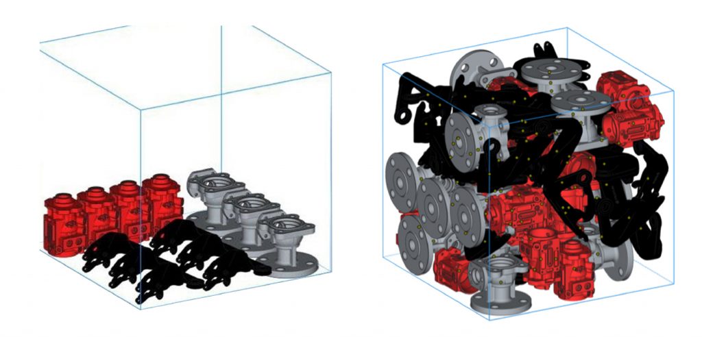 Fig. 4 Two different arrangements for binder jet additively manufacturing a mixture of parts in the build box (Courtesy Desktop Metal)