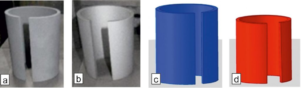 Fig. 5 Sintering a slotted sleeve made from hardmetal, a) green part, b) sintered part, c) FE model green part, d) FE model sintered part (Courtesy RWTH Aachen, IWM)