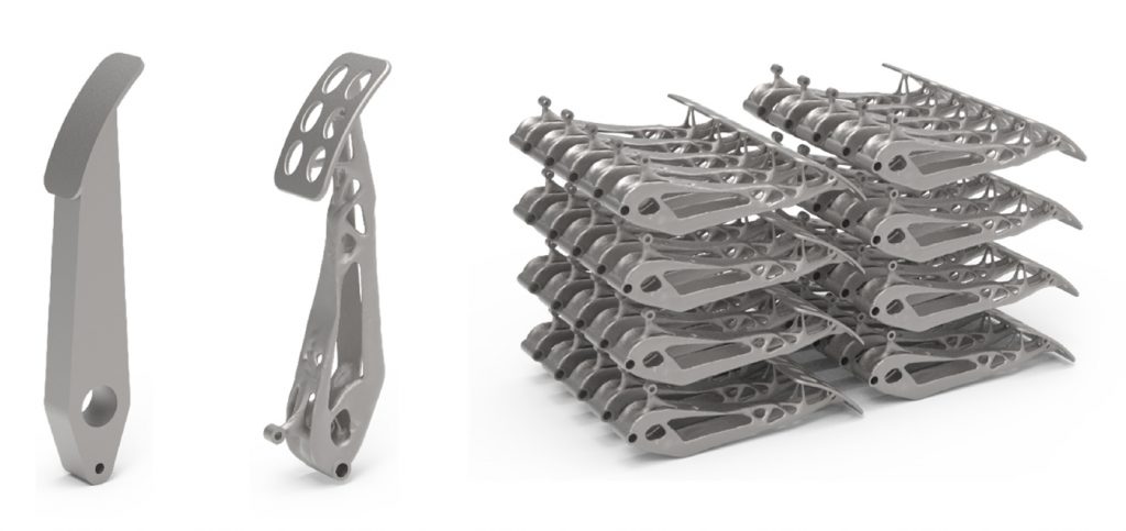 Fig. 5 Left; Conventionally made part, middle; BJT part, and right; BJT build box filled with a batch of the same part (Courtesy Desktop Metal)