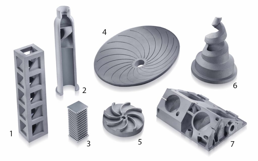 Fig. 5 A range of SiSiC parts produced by BJT at CeramTec. 1) Strength and weight-optimised crosshead for measuring device; 2) Nozzle with inlay; 3) Grid heater; 4) Reflector; 5) Pump impeller; 6) Spiral cone nozzle; 7) Topology optimised filler system for dry presses (Courtesy CeramTec)