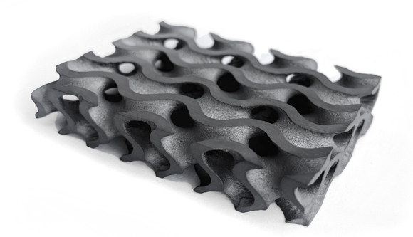 Additively manufactured gyroid structures made from sintered silicon carbide (SSiC) like this  can be used in thermal and/or structural mechanical applications such as heat exchangers (Courtesy D3-AM GmbH)