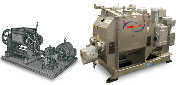 An early laboratory model (left) and the latest ZX mixer extruder used for PIM feedstock (Courtesy Winkworth)