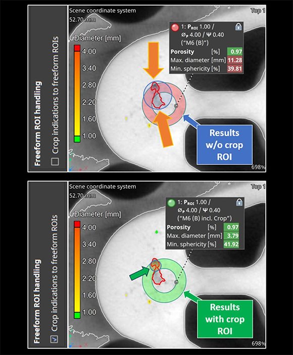 Porosity inclusion analysis (PIA) results are color-coded to show whether pores in a manufactured part are within (or beyond) industry tolerance standards (Courtesy Volume Graphics)