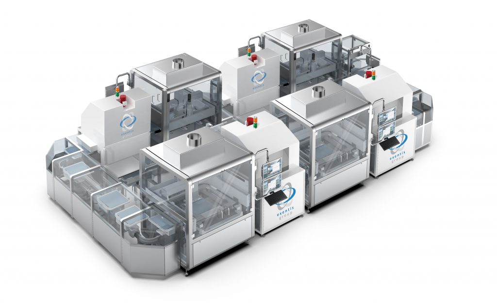 Fig. 4 An Exentis clean room production system for the mass production of tablets with four printing units and four drying units (Courtesy Exentis Group AG)
