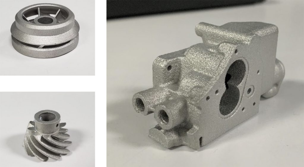 Fig. 6 Aluminium (Al6061) BJT parts presented by Desktop Metal. Top left, an ExOne pump impeller; bottom left, an Eaton helical screw; right, an Eaton pump housing (Courtesy Desktop Metal)