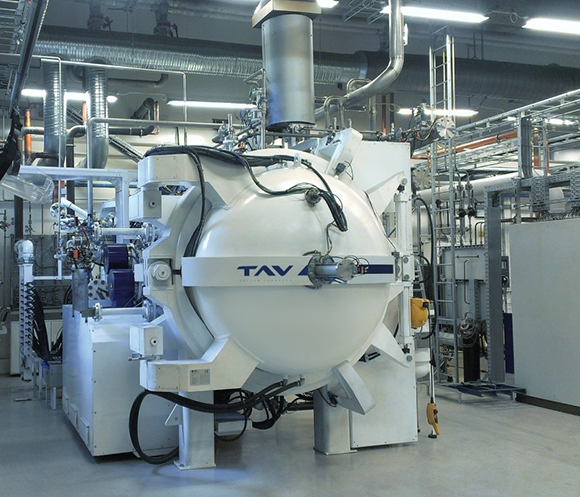 A sinter-HIP furnace equipped for hydrogen overpressure operation. The electrically fired hydrogen burner is visible on top of the furnace (Courtesy TAV Vacuum Furnaces)