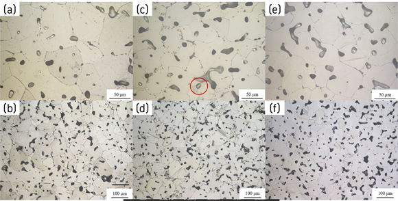 Fig. 2 Metallographic images of the three groups of samples at different magnifications: (a, b) sample A; (c, d) sample B; (e, f) sample C. (From paper: ‘Microstructures and mechanical properties of TA1 sintered samples prepared by injection molding using water-soluble binder’, Journal of Adhesion Science and Technology (February 2024), by W. Zhang et al) 