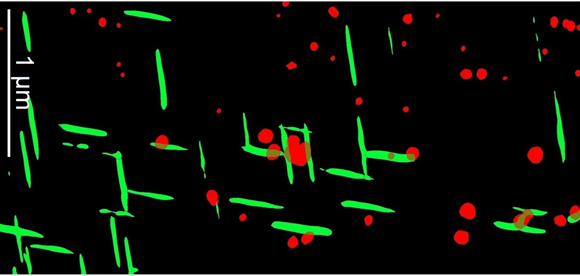 Copper-rich T1 (green) and Zircon-rich beta-prime (red) precipitates in the heat affected zone of an aluminium alloy friction-welded aerospace part, identified in the transmission electron microscope (Courtesy Thermo Fisher Scientific)