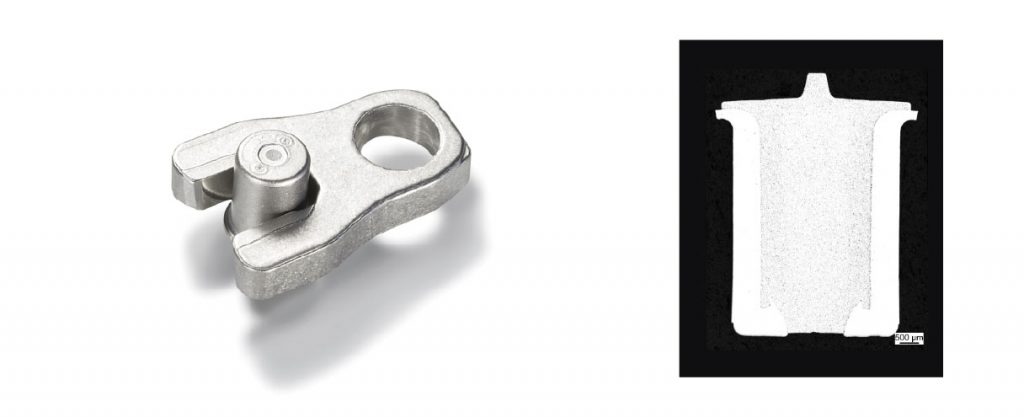 Fig. 6 Left, adjustment lever and pin for turbochargers; on the right, the microstructure of the pin (Courtesy Schunk)