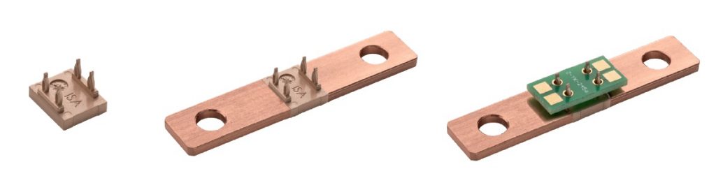 Fig. 7 The shunt (left) is a component made of a copper alloy with defined conductivity that should remain constant over a wide range of temperatures. The pins make it easy to solder to a circuit board. The connection terminals made of high-purity copper are optimised for maximum conductivity. The 2C-MIM process eliminates the need for a joining process and improves contact resistance at the interface between terminals and shunt. (Courtesy Schunk)