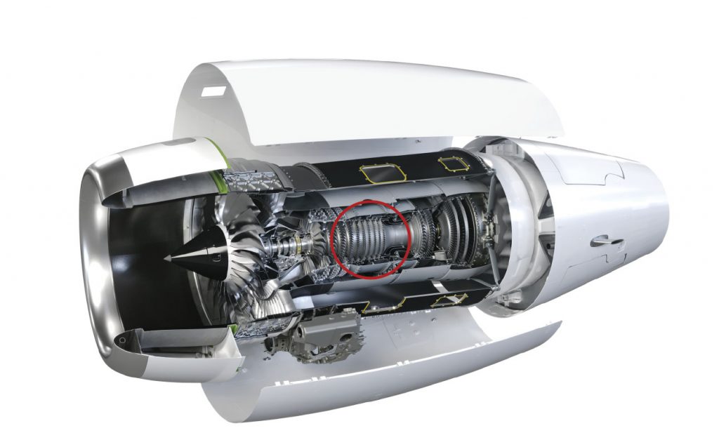 Fig. 10 Rolls-Royce’s Pearl 15 jet engine. The red circle marks the location of the MIM compressor vanes (Courtesy Rolls-Royce plc)