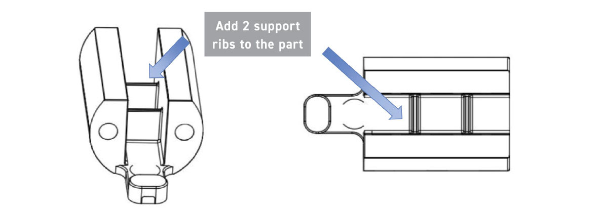 Fig. 13 Design modification that added two support ribs to mitigate the distortion of the part during liquid phase sintering (Courtesy PTI)