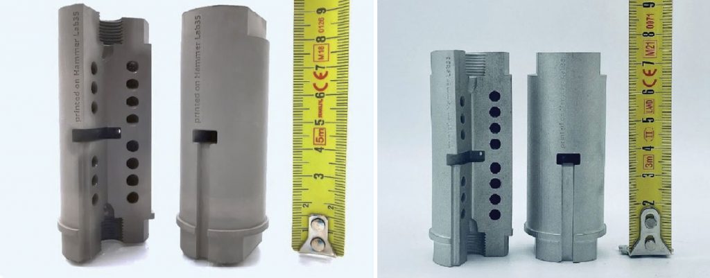 Fig. 25 An as-printed (left) part and a sintered part (right) of an in-line heater for solvent-based fluids, built in a matter of hours using an Incus Hammer Lab35 machine out of 316L stainless steel (Courtesy Incus)