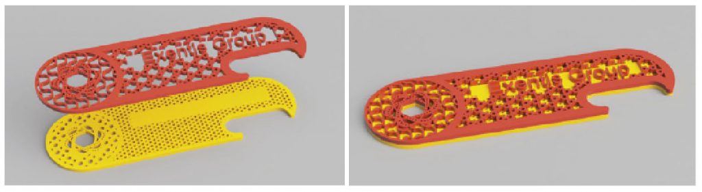 Fig. 27 Two different screens for different X-Y geometries (top) and a part additively manufactured with the two different screens (bottom) shown in two different colours (Courtesy Exentis) 