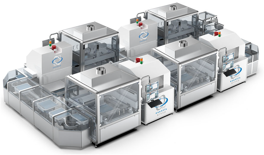 Fig. 28 Production systems with multiple screen printing modules and dynamic transport infrastructure for the screen printing process (Courtesy Exentis)