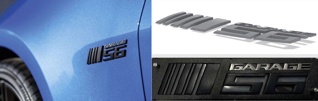 Fig. 14 Top: BJT fender badges on the 2024 ZL1 Garage 56 Edition Camaro, produced by Azoth (Photo www.mecum.com); Middle: highlighting the curvature of the badge with an isometric view of the part CAD; Above: metal badge assembled with adhesive tape and foam carrier prior to final application of protective film (Courtesy Azoth) 