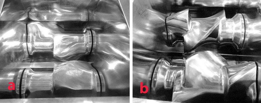 Fig 4. The original two-blade mixer (a) and a new four-blade mixer (b) are part of an integrated machine for mixing and granulation (Courtesy CFine).