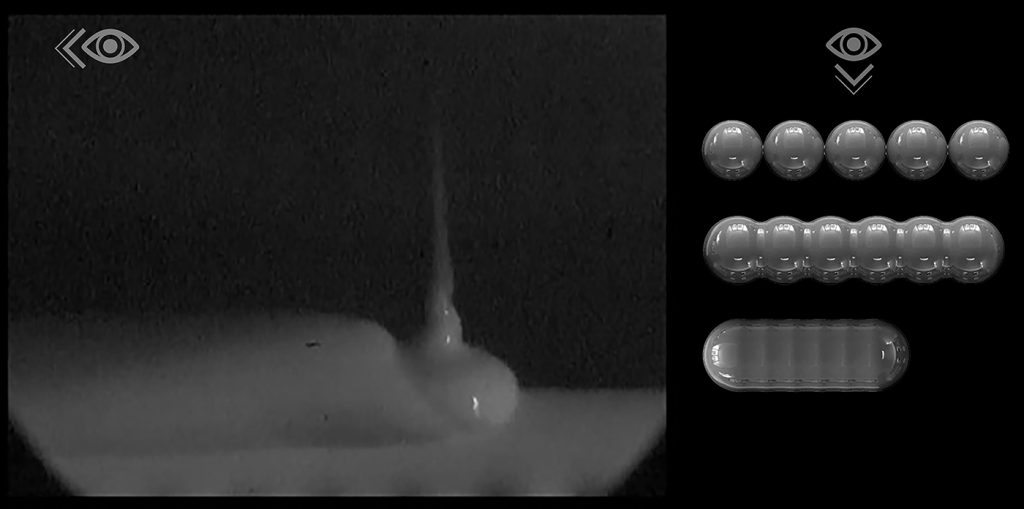 Fig. 10 Single video frame of high-speed recording of MMJ: a subsequent drop is deposited and fuses with a preceding drop (left). Top view of overlapping drop deposition process (right)