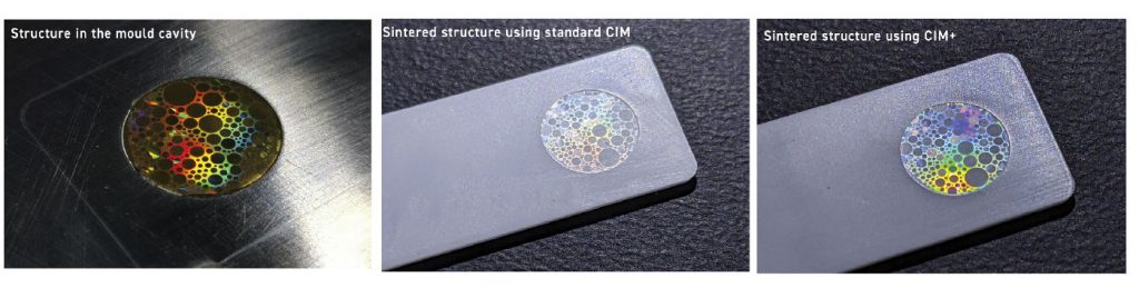 Fig. 12 A comparison of the quality of the replication of a holographic structure with standard CIM and variotherm (CIM+) (Courtesy iRAP Institute, HEIA-FR/HES-SO, Morphotonix [5])