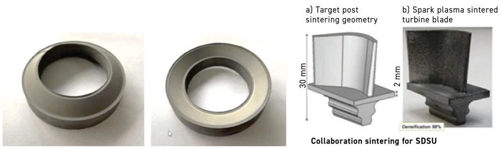 Fig. 20 Two examples of BJT near-net-shaped parts combined with SPS consolidation process (the part on the right was a collaboration effort with SDSU) (Courtesy Amy Elliott, ICAM 2024)