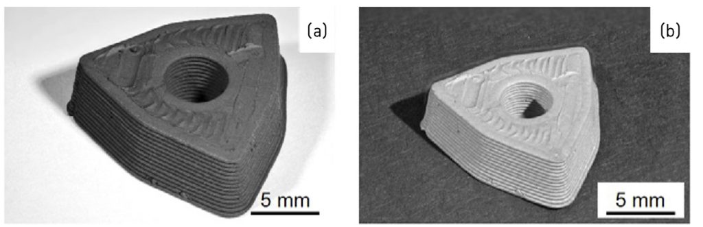 Fig. 23 As-built and as-sintered hardmetal parts fabricated by MEX. Left: Green, as-built part. Right: Sintered hardmetal part (As published in W. Lengauer et al., Fabrication and properties of extrusion-based additively manufactured hardmetal and cermet components. International Journal of Refractory Metals and Hard Materials 2019;82:141–9)