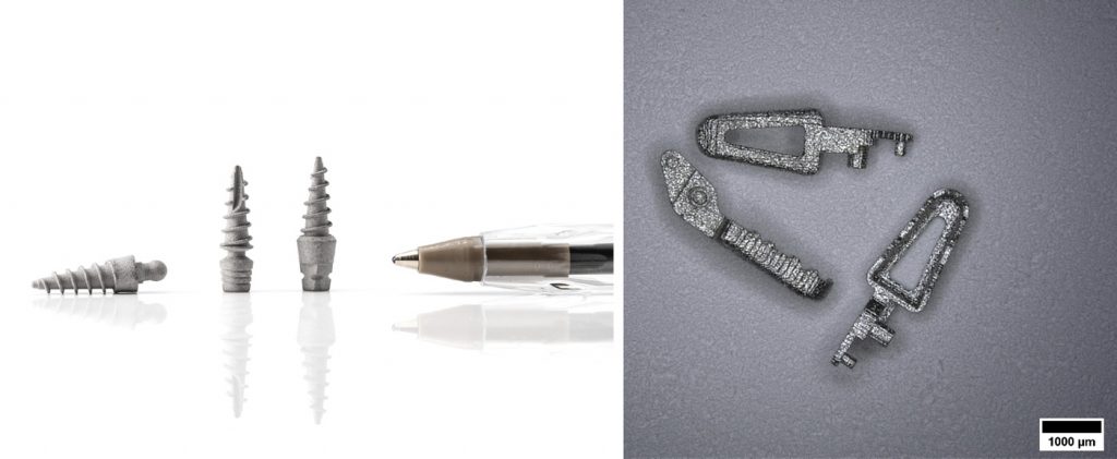 Fig. 27 Left: Dental and biomedical parts made from titanium. Right: 316L as-sintered parts (Courtesy György Harakály, ICAM 2024)
