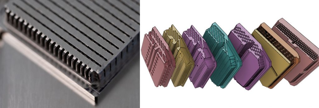 Fig. 12 Top: the design progression of a 3DEO heatsink. Below: a nickel-plated copper heat sink manufactured by 3DEO (Courtesy 3DEO)