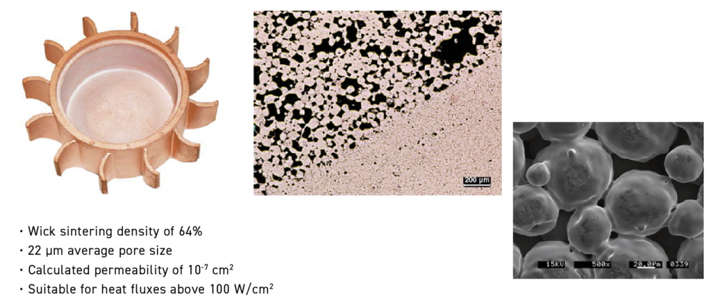 Fig. 42 Two-material injection moulded copper part (left) with sintered density of 64% in the coarse powder section and average porosity of 22 μm. The middle image shows the interface between areas formed with coarse and fine copper powders, while the right image is an SEM photomicrograph of the coarse powder region [7]